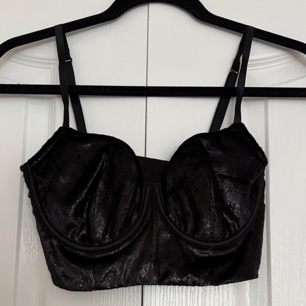 Black Shimmer Velvet Longline Bustier Bra - Women Intimates